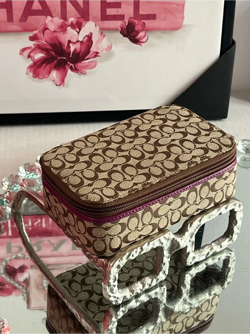 Coach Tan/Brown Signature Case with Pink Pull jewelry box